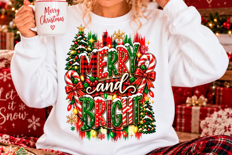 Merry and Bright Christmas Sublimation PNG