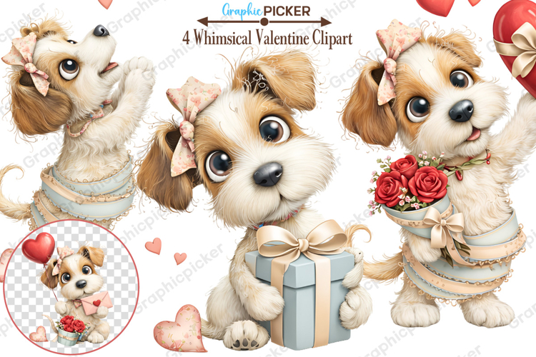 Whimsical Valentine Dogs Clipart, Valentines Day PNG