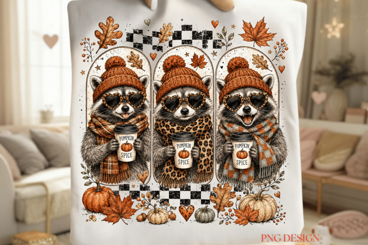 Pumpkin Spice Raccoon PNG, Fall Raccoon Sublimation, Autumn