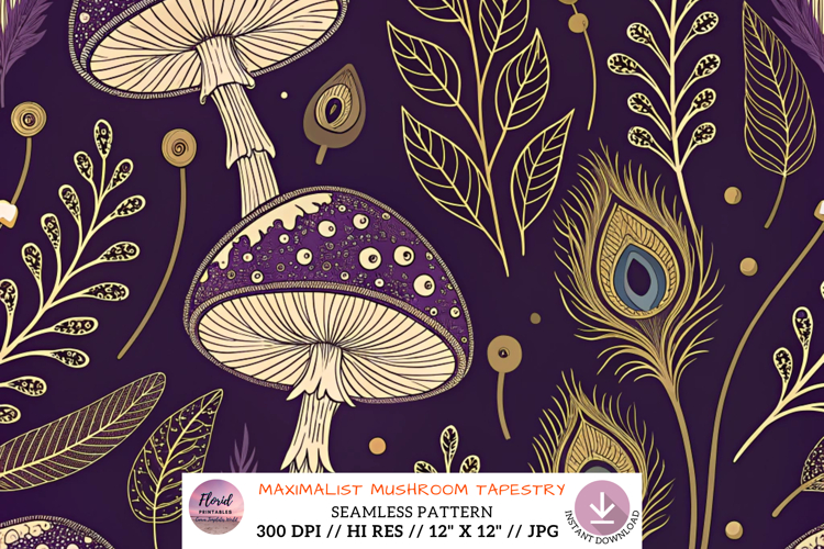 Maximalist Mushroom Tapestry Regal Pattern, Seamless Pattern