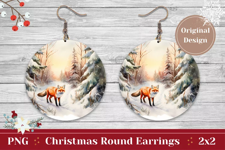 Christmas Round Earring, Watercolor Winter Fox Sublimation