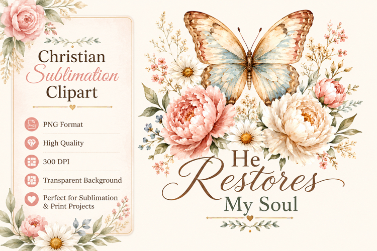 He Restores My Soul PNG, Christian Butterfly Sublimation