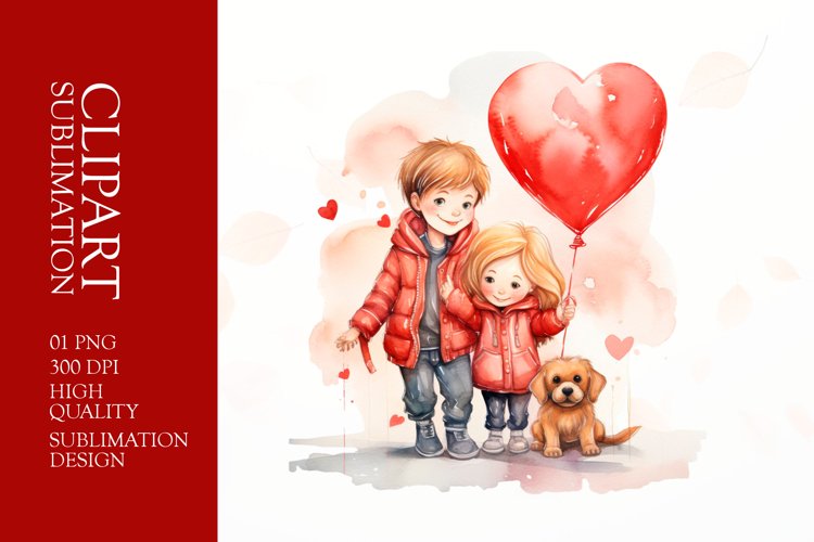 Watercolor Couple with pet, Valentines Day Clipart
