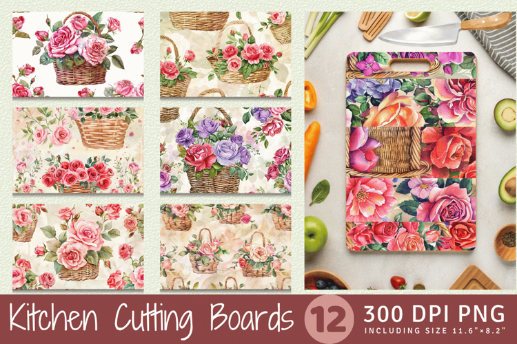 Watercolor Roses Baskets Cutting Boards sublimation Designs example image 1