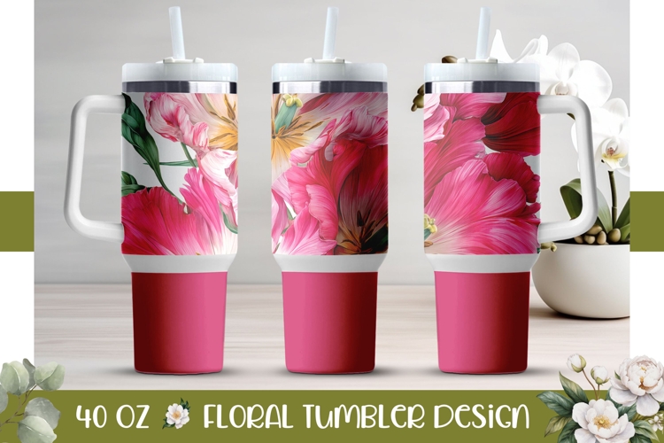 Pink Flowers Tumbler, Dark Pink 40 Oz Tumbler Template
