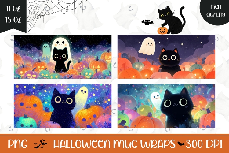 Cartoon Halloween Cat Mug Template, Pumpkins Mug Wrap Design
