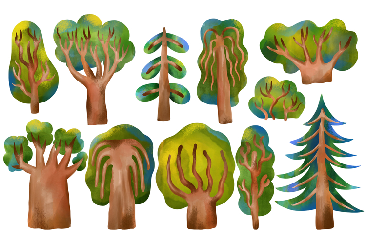 Hand Drawn Forest Trees and Green Plants