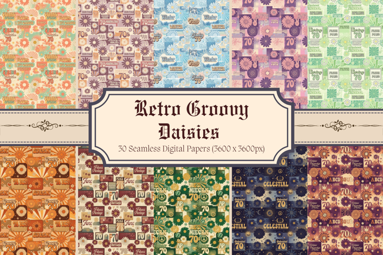 Retro Groovy Daisies Digital Paper,70s Flower Power Pattern example image 1