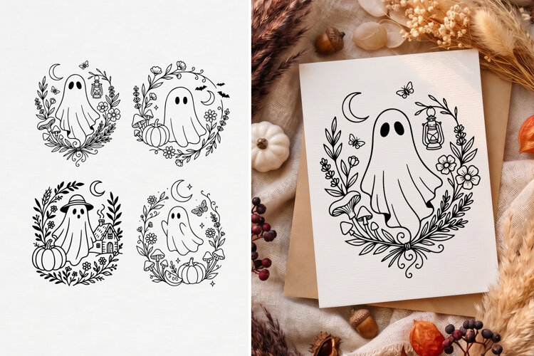 Cottagecore Ghost SVG, Floral Halloween Clipart, Line Art example image 1