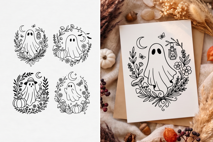 Cottagecore Ghost SVG, Floral Halloween Clipart, Line Art