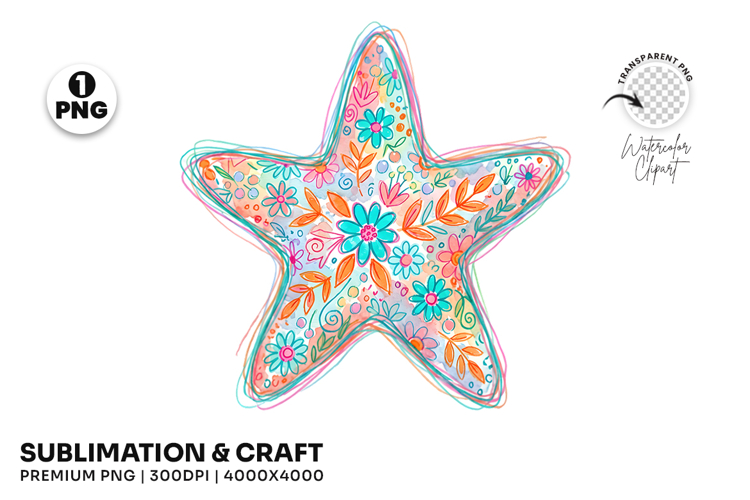 Hand Drawn Summer Floral Starfish Coastal Clipart PNG