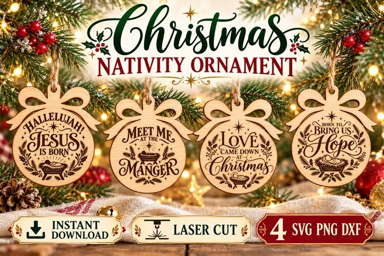 Christmas Nativity Ornament SVG PNG DXF, Jesus Manger Bow example image 1