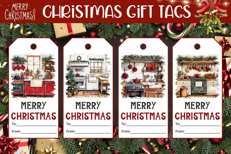 Watercolor Christmas Gift Tags, Christmas Kitchen Gift Tag