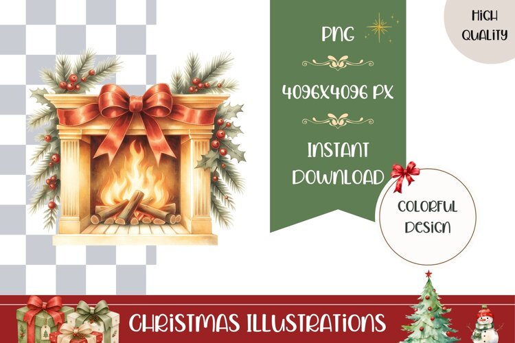 Cartoon Christmas Fireplace Illustration, Gold Christmas PNG example image 1