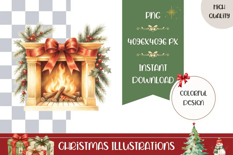 Cartoon Christmas Fireplace Illustration, Gold Christmas PNG