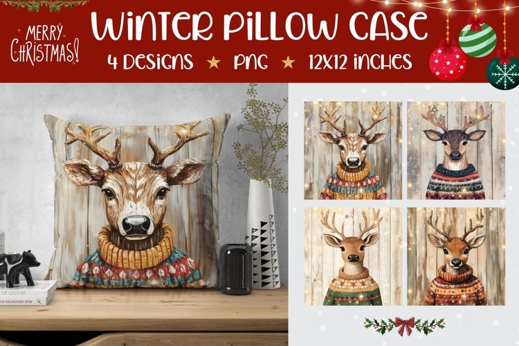 Winter Deer Pillowcase, Christmas Animals Pillow Case example image 1