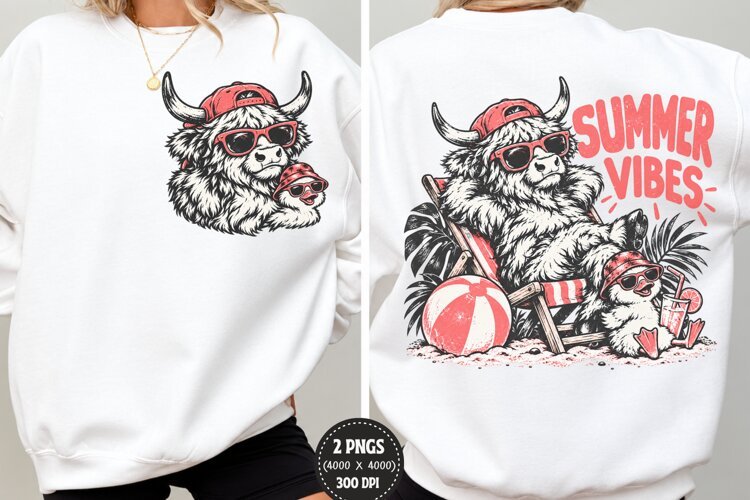 Summer Vibes Front Back Highland Cow PNG, Beach Cow Chest Ba example image 1