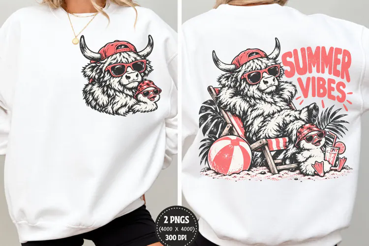 Summer Vibes Front Back Highland Cow PNG, Beach Cow Chest Ba