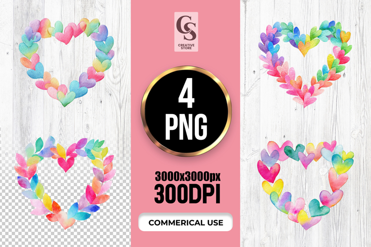 Watercolor Rainbow Heart Wreath Clipart Sublimation PNG