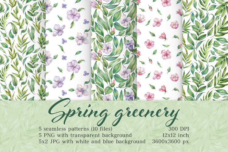 Spring Greenery seamless patterns, watercolor bloom flowers