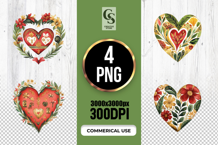 Folk Art Floral Heart Clipart Sublimation PNG
