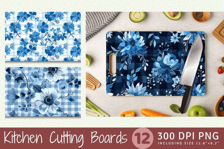 Blue Gingham Winter Flowers Cutting Boards sublimation Desig