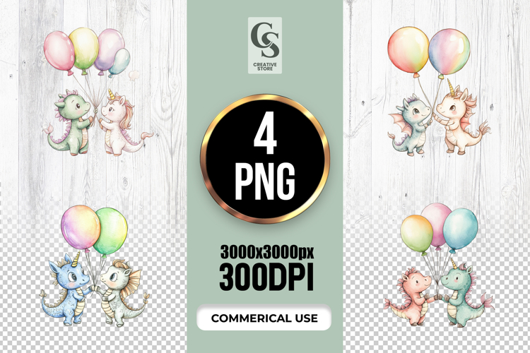 Cute Unicorn Dragon Balloons Clipart Sublimation PNG