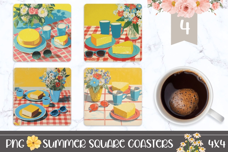 Cartoon Summer Square Coasters, Floral Square Coaster Design
