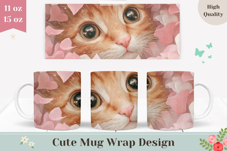 Cute Cat Mug Wrap, Love Hearts Mug PNG, Animals Mug Design