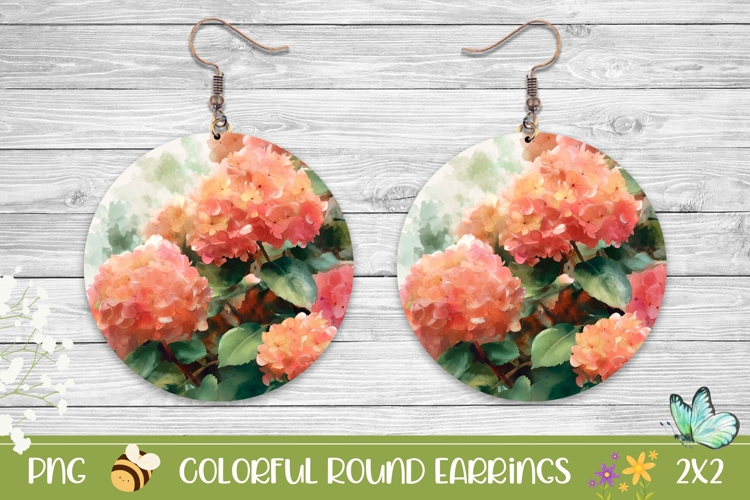 Watercolor Hydrangea Round Earrings Sublimation PNG