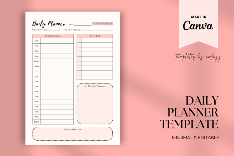 Daily Planner Template for Canva Aesthetic, Minimal,