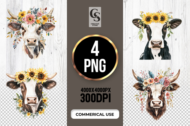 Floral Cow Head Watercolor Clipart Sublimation PNG