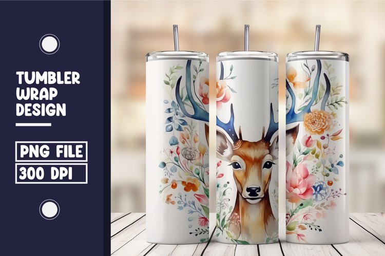 Deer Surrounded By Flowers Watercolor Tumbler Warp Design