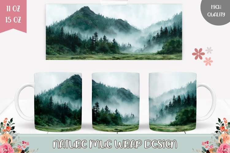 Watercolor Landscape Mug Design, Forest Mug Template