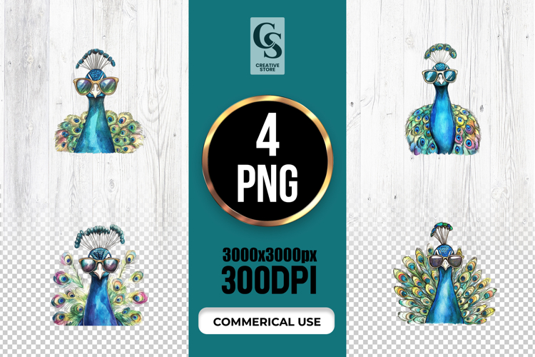 Watercolor Peacock with Sunglasses Clipart PNG