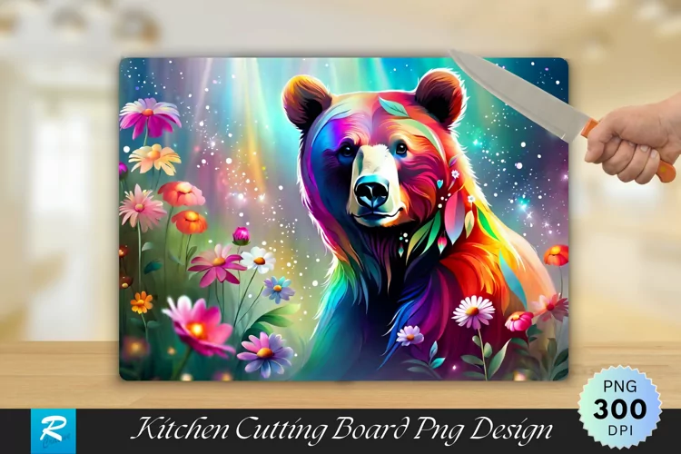 Multicolored Bear with Flowers Cutting Board PNG Design