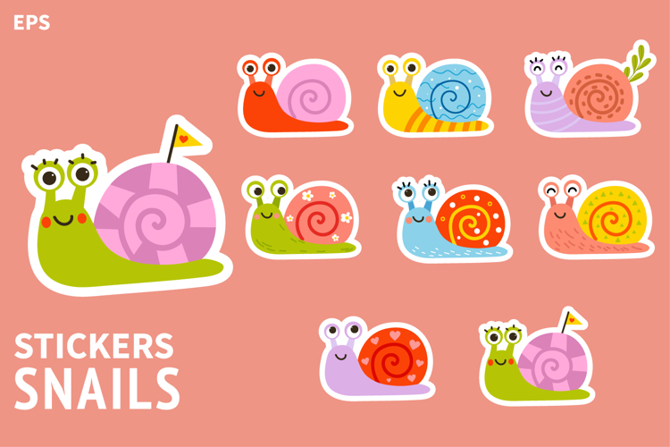 Snail sticker set funny cartoon colorful animals pack