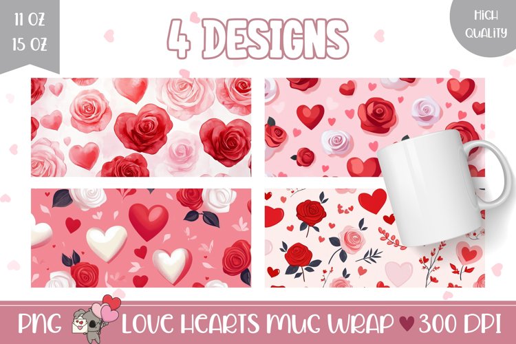 Cartoon Hearts Mug Designs, Red Roses Mug Sublimation