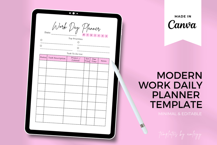 Clean Modern Digital Work Planner Template Canva Minimal