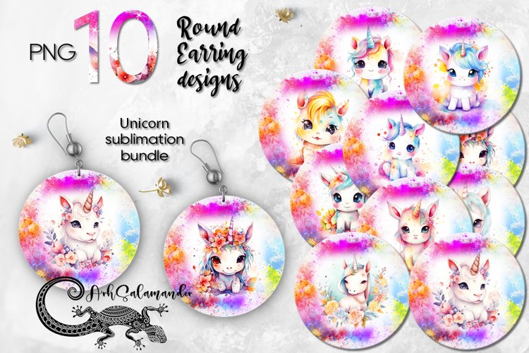 Watercolor Unicorn | Round earring Sublimation design bundle example image 1