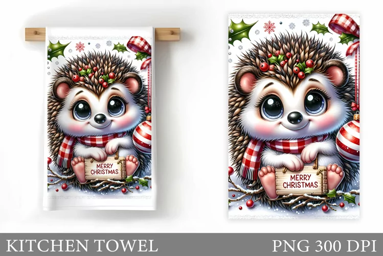 Cute Hedgehog Kitchen Towel. Christmas Kitchen Towel Design