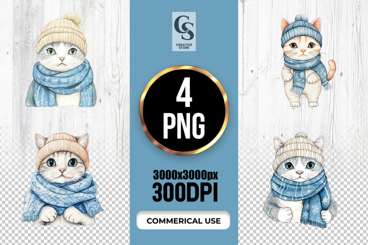 Watercolor Winter Cat Clipart Sublimation PNG