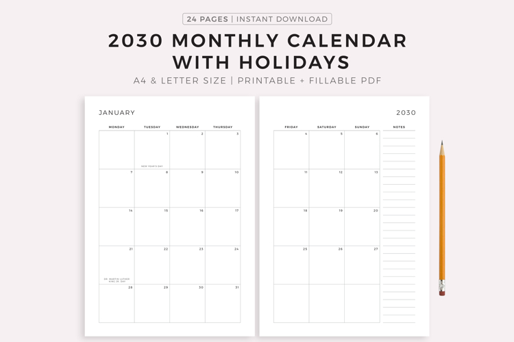 2030 Monthly Calendar with Holidays on 2 Pages, Printable