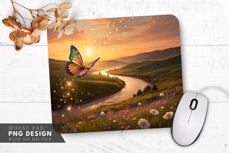 Enchanted Sunset A Butterflys Journey Mouse Pad PNG Design