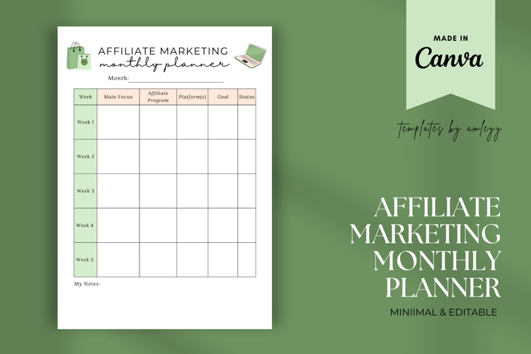 Affiliate Marketing Monthly Planner | Editable Canva Templat
