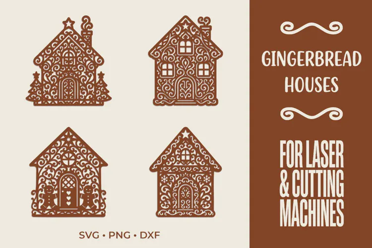 Gingerbread Houses SVG, Christmas Laser Cut Ornament Files