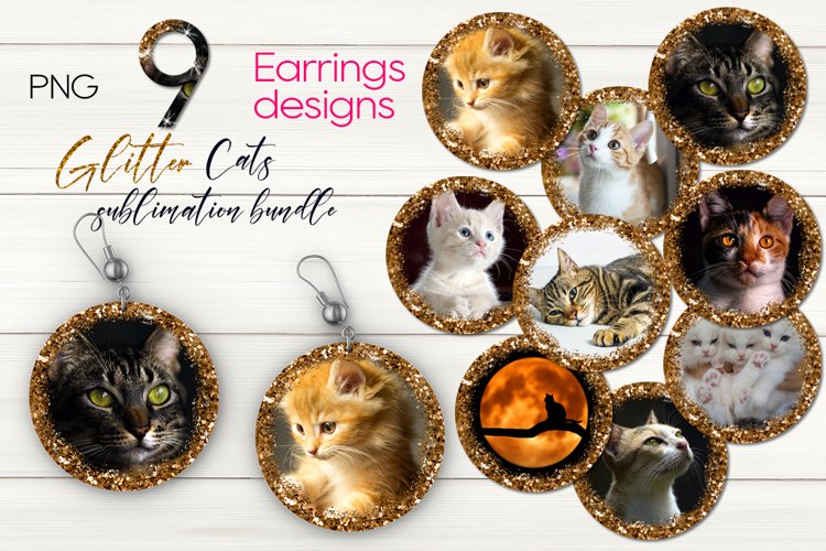 Cats Round earring with glitter | Sublimation design bundle example image 1