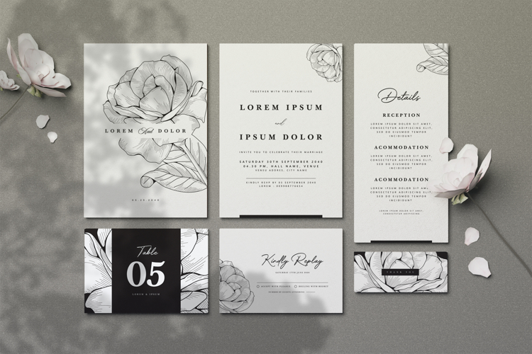 elegant wedding card with hand drawn line art roses flower