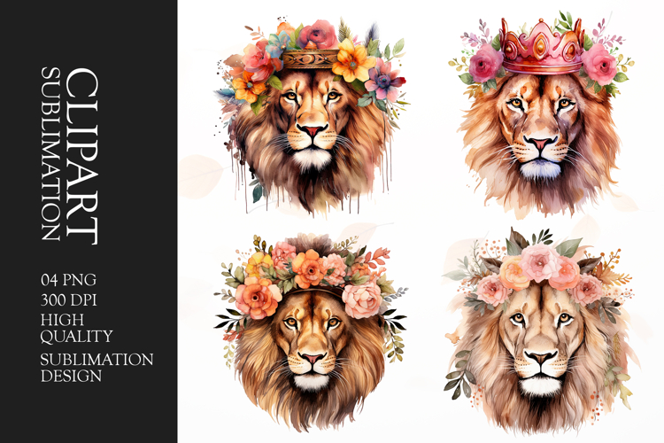 Watercolor floral lion clipart sublimation