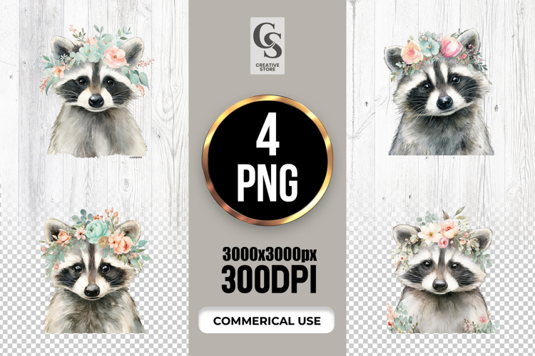 Floral Crown Raccoon Watercolor Clipart Sublimation PNG